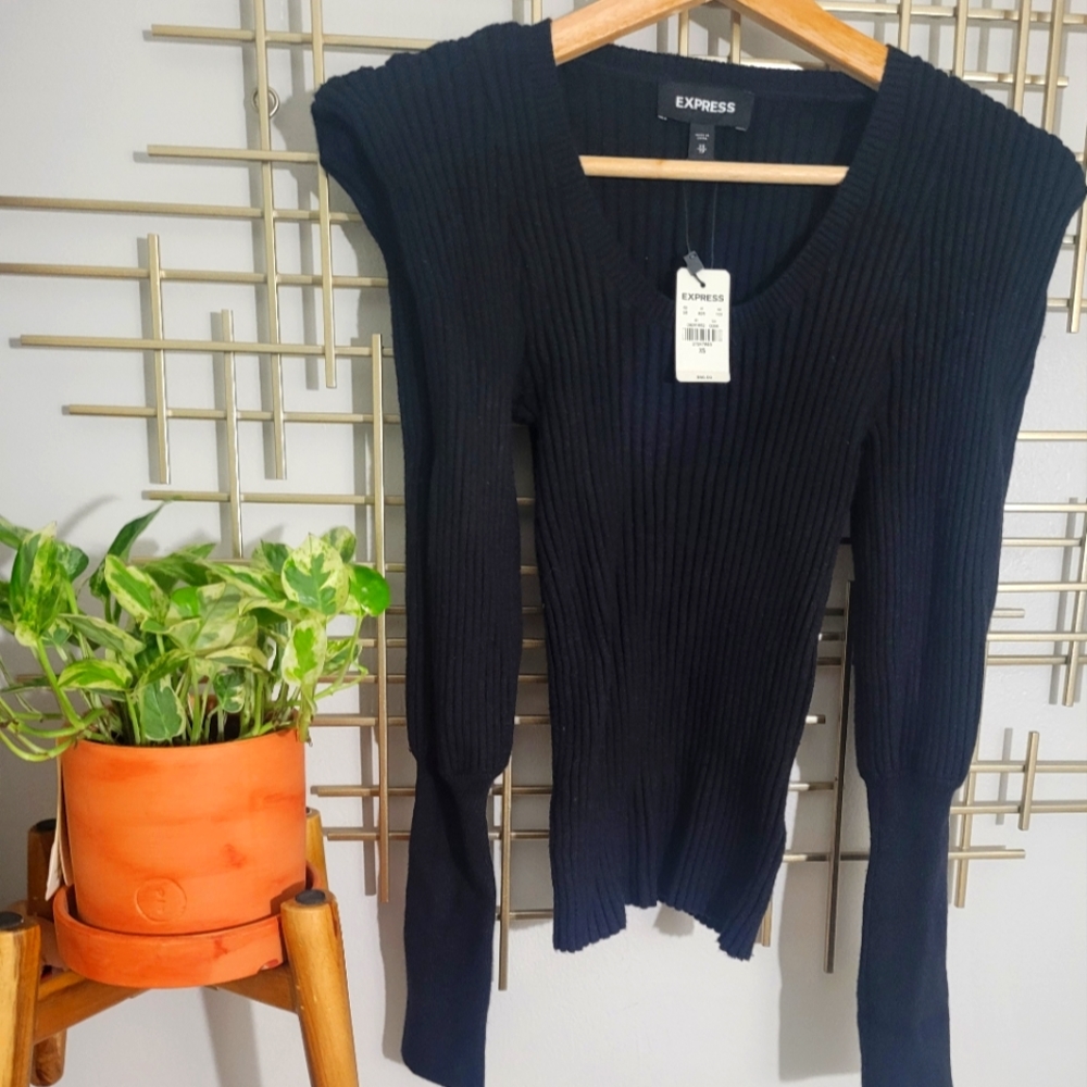 Express Ribbed Sweater with Sharp Shoulder Blouson Sleeve